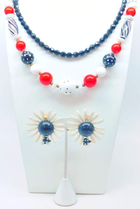 Vintage & Lisner Goldtone Red Black & White Polka Dot & Checkered & Crystals Beaded Necklaces & Enamel Mod Flower Lady Bug Earrings 131g image number 1