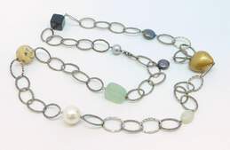 Artisan 925 Sterling Silver Smoky Quartz Agate & Faux Pearl Multi Stone Station Chain Necklace 64.7g alternative image