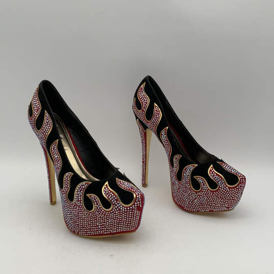 Womens Black Red Leather Sequin Bling Flame Fire Round Toe Pump Heels Sz 10 image number 1