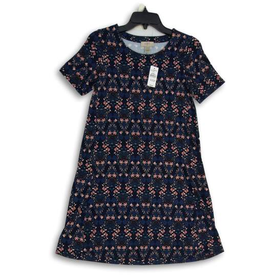 NWT Womens Blue Floral Round Neck Short Sleeve Pullover A-Line Dress Size XXSP image number 1