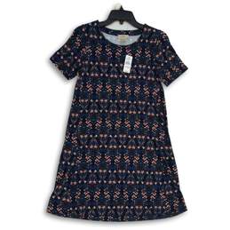 NWT Womens Blue Floral Round Neck Short Sleeve Pullover A-Line Dress Size XXSP