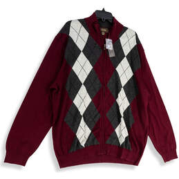 NWT Mens Red Gray Argyle Long Sleeve Mock Neck Full Zip Sweater Size XXL