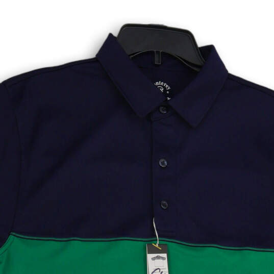 NWT Mens Blue Green Colorblock Collared Short Sleeve Golf Polo Shirt Size M image number 3