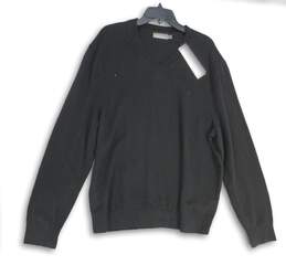 Mens Black Long Band Sleeve V-Neck Ribbed Hem Pullover Sweater Size XL
