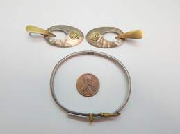 Vintage Taxco Sterling Silver Brass Buckle Bracelet & Mexican Modernist Earrings 25.3g alternative image