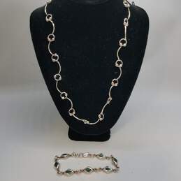 Sterling Silver Malachite Inlay Diamond Link Bracelet 15.5in Curved Bar + Circle Necklace Bundle 2pcs 16.6g