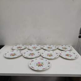 Set of 9 Noritake 3033 Dresala Floral Gold Tone Trim Dinner Plates