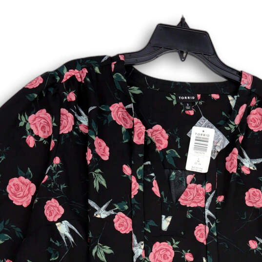Womens Black Pink Floral V-Neck 3/4 Sleeve Pullover Blouse Top Size 3 image number 3