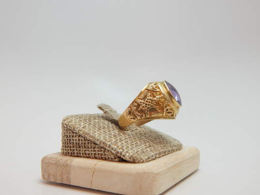 12K Gold Purple Sapphire Cabochon Etched Eagle & Animal Wide Band Ring 6.7g image number 1