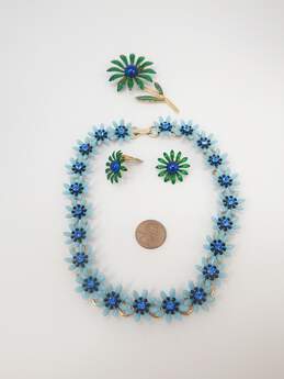 Vintage Blue Green & Gold Tone Flower Clip-On Earrings Necklace & Brooch alternative image
