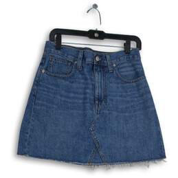 Womens Blue Rigid Denim Medium Wash Raw Hem Pockets Mini Skirt Size 28