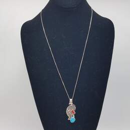 Sterling Unsigned Southwest Turquoise Coral Kokopelli Pendant 24" Necklace 10.5g