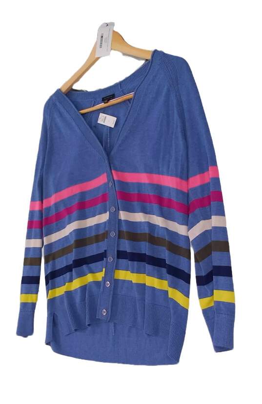 NWT Womens Blue Striped Long Sleeve Button Front Cardigan Sweater Large image number 2