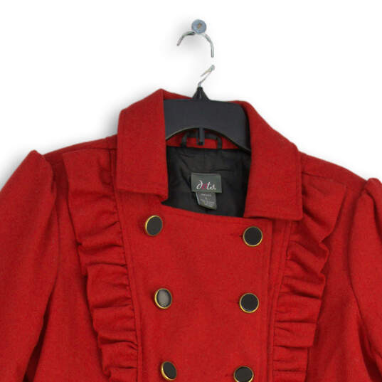 Womens Red Ruffle Long Sleeve Double-Breasted Collared Peacoat Size Large image number 3