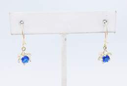 Romantic 10K Yellow Gold Blue Spinel & CZ Flower Drop Earrings 2.4g