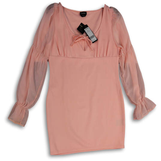 NWT Womens Pink Long Tiered Puff Sleeve Tie Neck Mini Dress Size Large image number 1