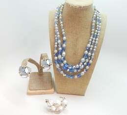 Vintage Blue Faux Pearl & Aurora Borealis Multi Strand Necklace Floral Rhinestone Clip On Earrings & Brooch 83.9g