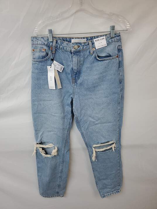 Wm TOPSHOP High-Rise Mom Distressed Blue Jeans Sz W30 x L28 Petite W/Tags image number 1