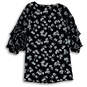 Womens Black Floral Long Sleeve Boat Neck Ruffle Shift Dress Size 0 Petite image number 1