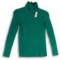 Womens Green Knitted Button Cuff Mock Neck Pullover Sweater Size P Petite image number 1