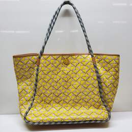 Tory Burch Womens Textured Geometric Print Magnetic Lock Tote Handbag Yellow