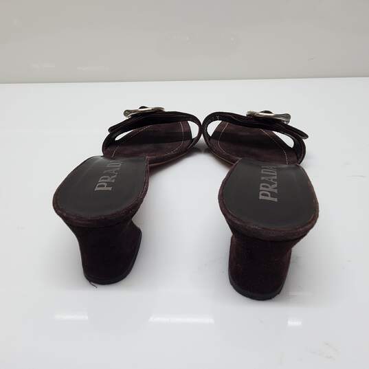 Prada Brown Suede Buckle Open Toe Mules Size 38 AUTHENTICATED image number 3