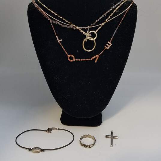 Sterling Silver Crystal Leather Sz 5 Ring + Bracelet + Pendant Necklace Bundle 7pcs 11.7g image number 1