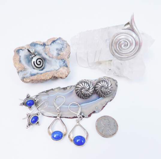 Artisan 925 Teardrop & Spiral Pendants Necklace & Lapis Lazuli Cabochon Granulated Drop & Swirl Knot Post Earrings 33.1g image number 6