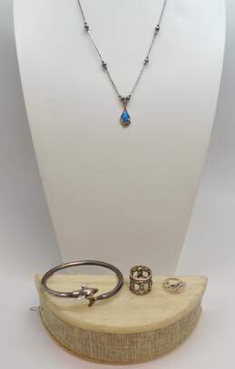 Sterling Silver Dolphin Bypass Bracelet & Ring Faux Opal Scrolled Ring & Pendant Necklace 24.8g