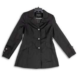 Womens Black Long Sleeve Notch Collar Front Pocket Trench Coat Size Medium