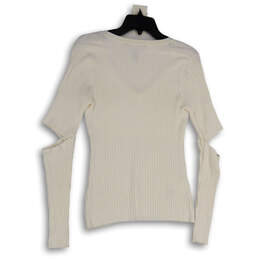 Womens White V-Neck Knitted Long Sleeve Cut Out Elbow Pullover Sweater Sz M alternative image