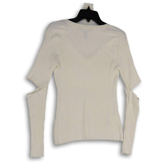Womens White V-Neck Knitted Long Sleeve Cut Out Elbow Pullover Sweater Sz M image number 2