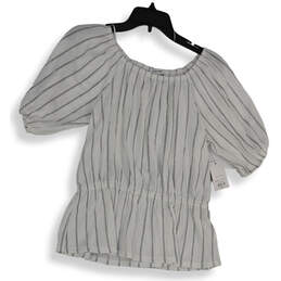 NWT Womens White Black Striped Cinched Waist Short Sleeves Blouse Top Sz M