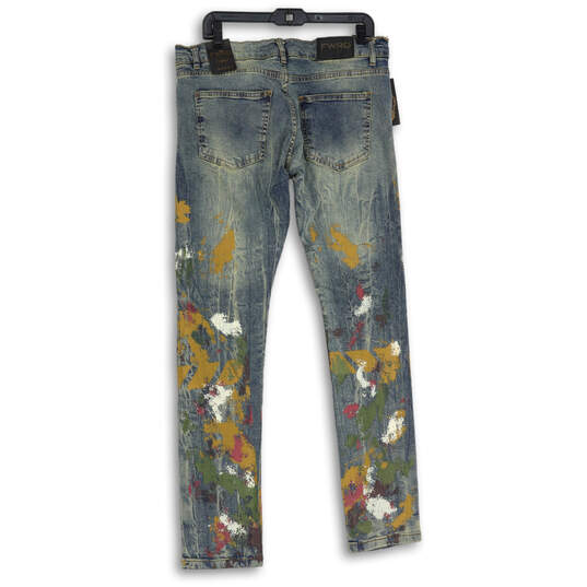 NWT Mens Blue Denim Paint Splatter 5-Pocket Design Straight Leg Jeans Sz 34 image number 2