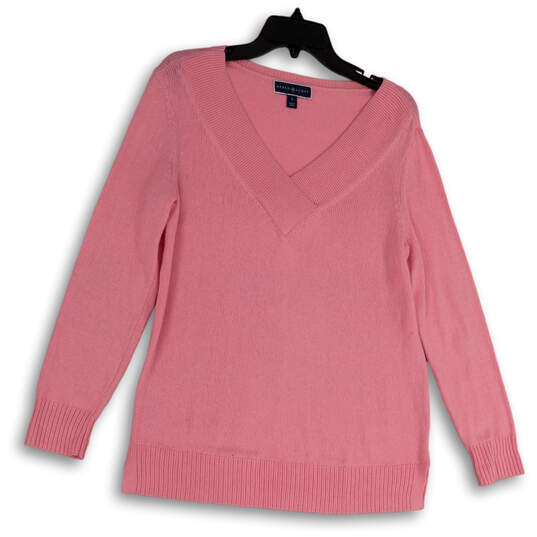 Womens Pink Long Sleeve Ribbed Cuff V-Neck Knitted Pullover Sweater Size S image number 1