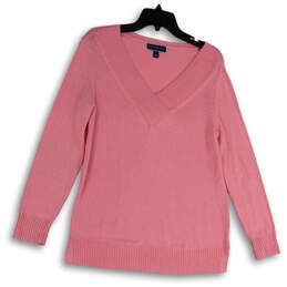 Womens Pink Long Sleeve Ribbed Cuff V-Neck Knitted Pullover Sweater Size S