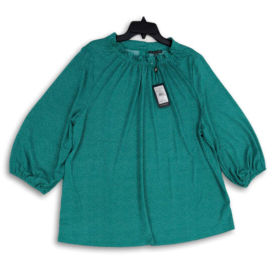 NWT Womens Green Polka Dot Ruffle Neck 3/4 Sleeve Pullover Blouse Top Sz 3X image number 1