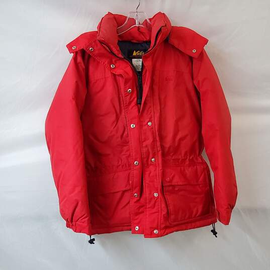 REI Red Hooded Puffy Rain Coat Size 8 image number 1