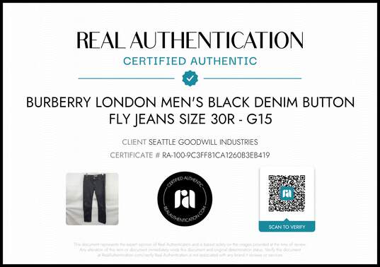 Burberry London Men's Black Denim Button Fly Jeans Size 30R w/COA image number 2