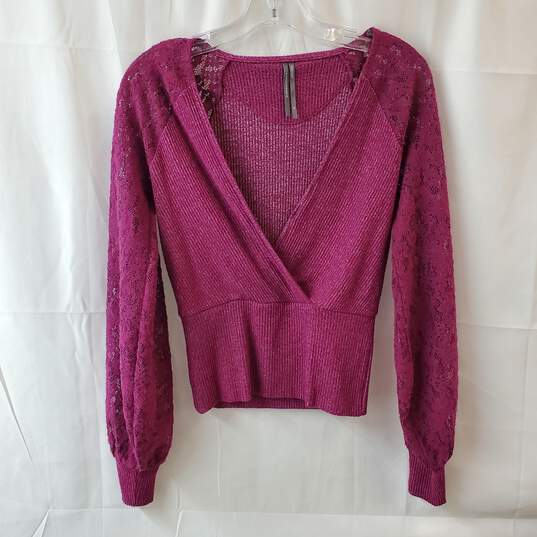Anthropologie Ribbed Lace Sleeve Magenta Sweater Size XS image number 1