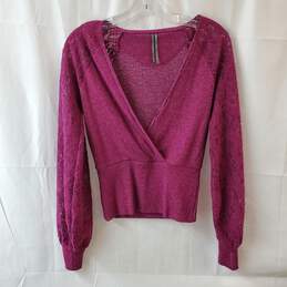 Anthropologie Ribbed Lace Sleeve Magenta Sweater Size XS