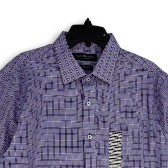 NWT Mens Purple Plaid Modern Fit Collared Long Sleeve Dress Shirt Size XL image number 3