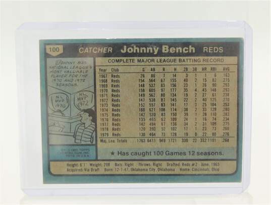 1980 HOF Johnny Bench Topps Cincinnati Reds image number 2