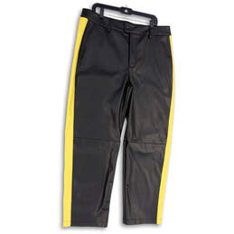 NWT Mens Black Yellow Striped Faux Leather Straight Leg Ankle Pants Size 36