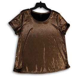 Womens Brown Metallic Liquid Shine Round Neck Pullover Blouse Top Size 1