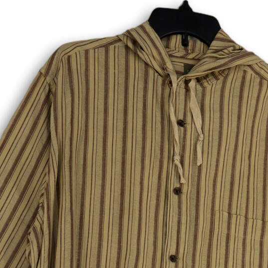Mens Brown Striped Long Sleeve Pockets Hooded Button-Up Shirt Size Small image number 3