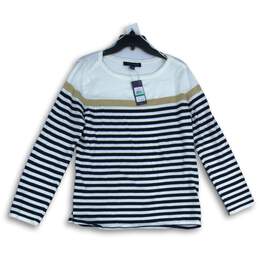 NWT Tommy Hilfiger Womens Blue White Striped Long Sleeve Pullover Sweater Sz L/G