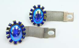 Vintage Silvertone Iridescent Blue Glass Cabcohon & Rhinestones Oval Mesh Chain Cufflinks 42.6g alternative image