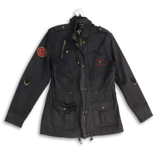 Womens Black Long Sleeve Pockets Full Zip Military Jacket Size Medium image number 1