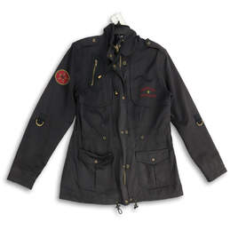 Womens Black Long Sleeve Pockets Full Zip Military Jacket Size Medium